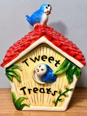 Vintage 1970s Tweety Treats Bluebird Cookie Jar | Ceramic Birdhouse Canister